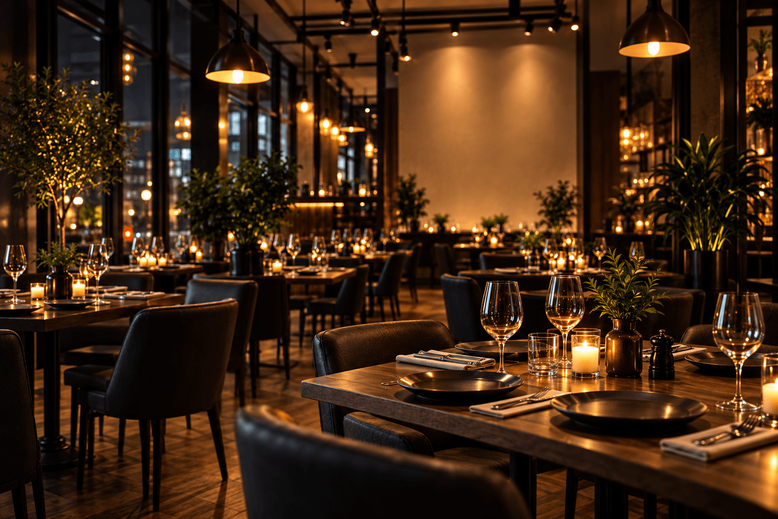Salão contemporâneo do restaurante preparado para receber os clientes