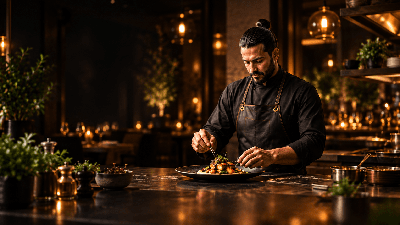 Chef finalizando um prato em uma cozinha aberta de restaurante